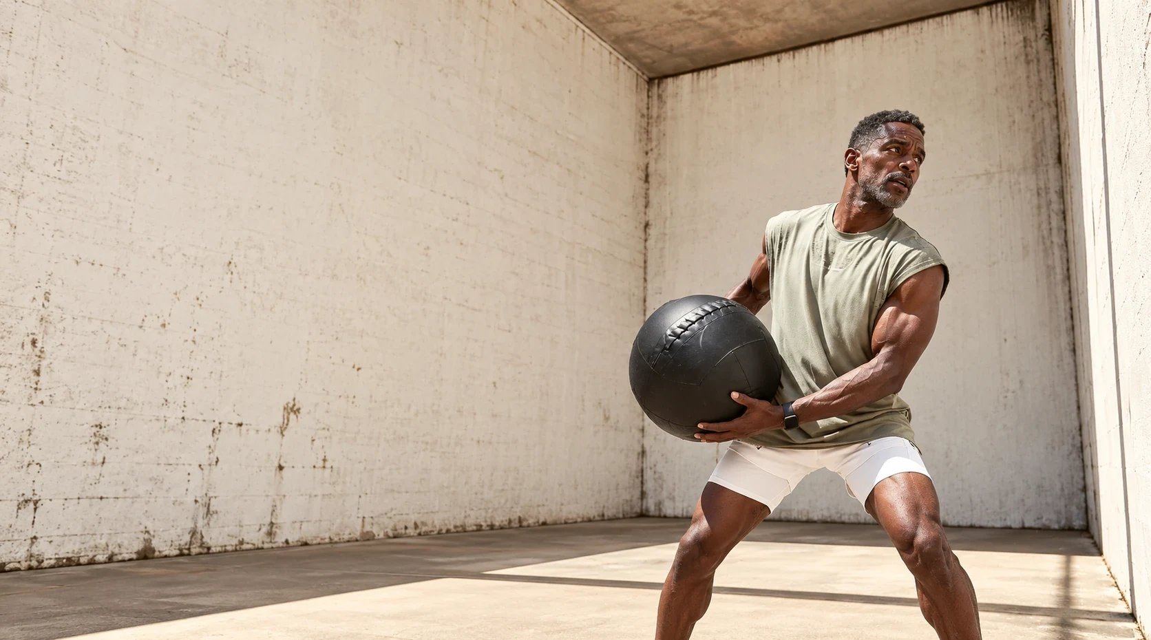 Man twisting with a medicine ball in a sunlit concrete courtyard