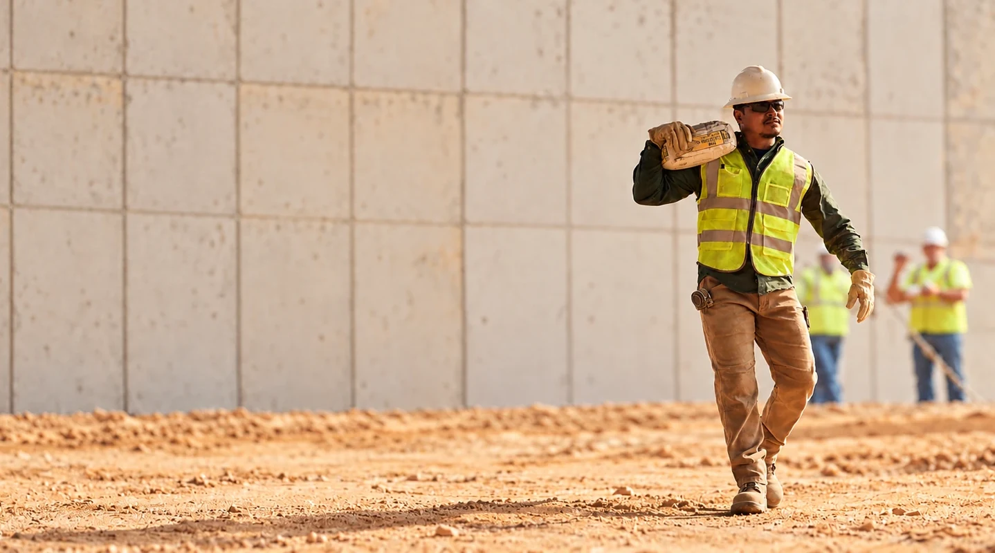 Construction worker carrying a bag of concrete mix across a job site