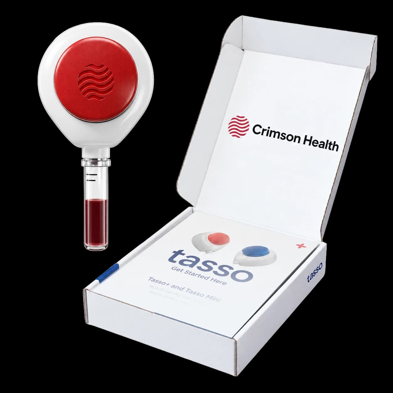 Tasso+ collection device beside the Crimson Lab Kit box and the Crimson app